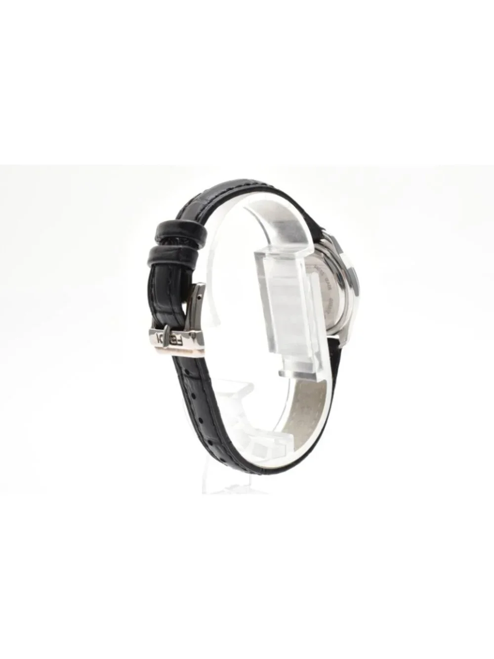 Fendi Quartz Watch Gray Dial Roman Numeral Date Stainless Steel Black Leather